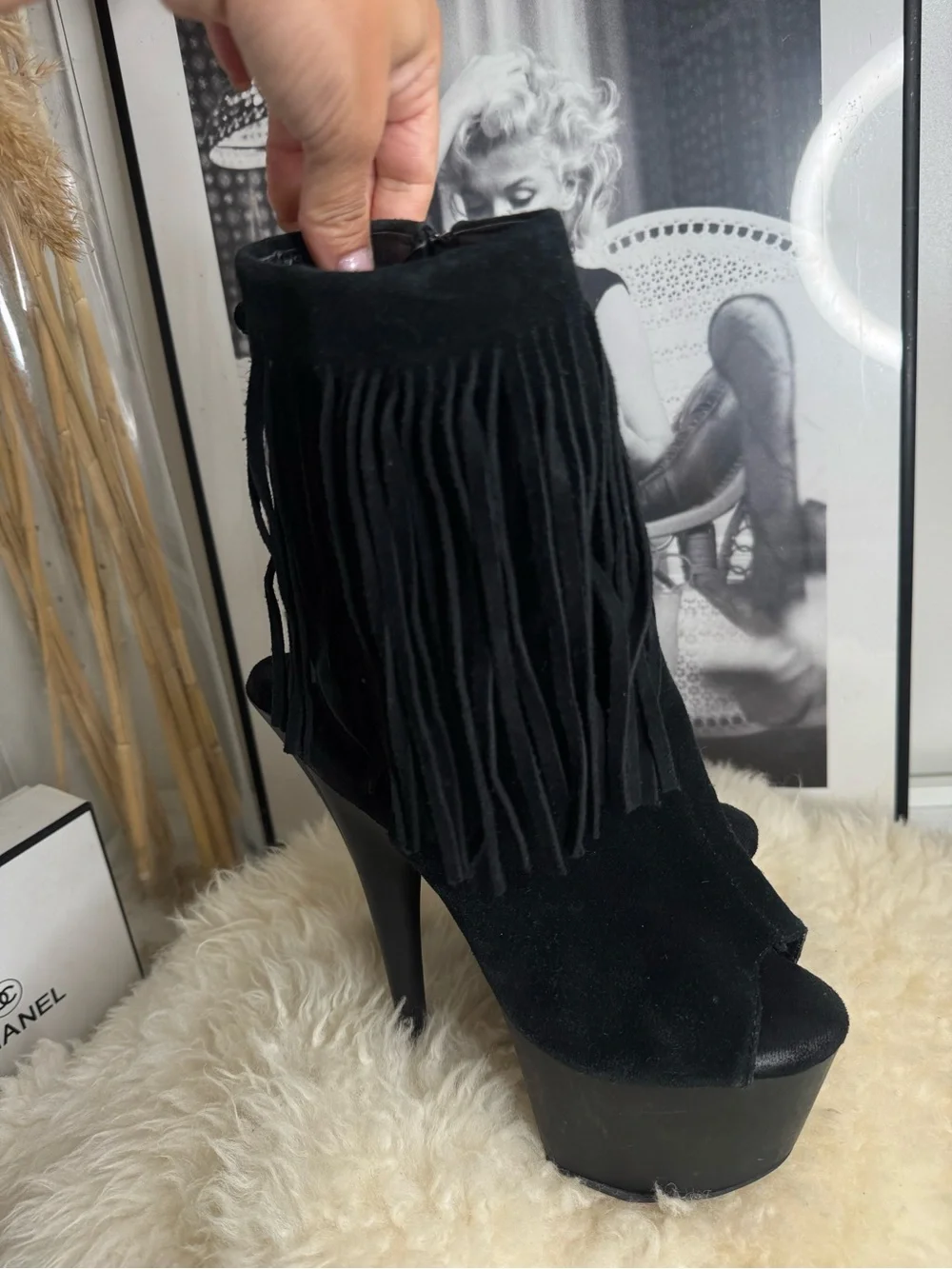 Fringe Peep-Toe Platform Ankle Boots - Black